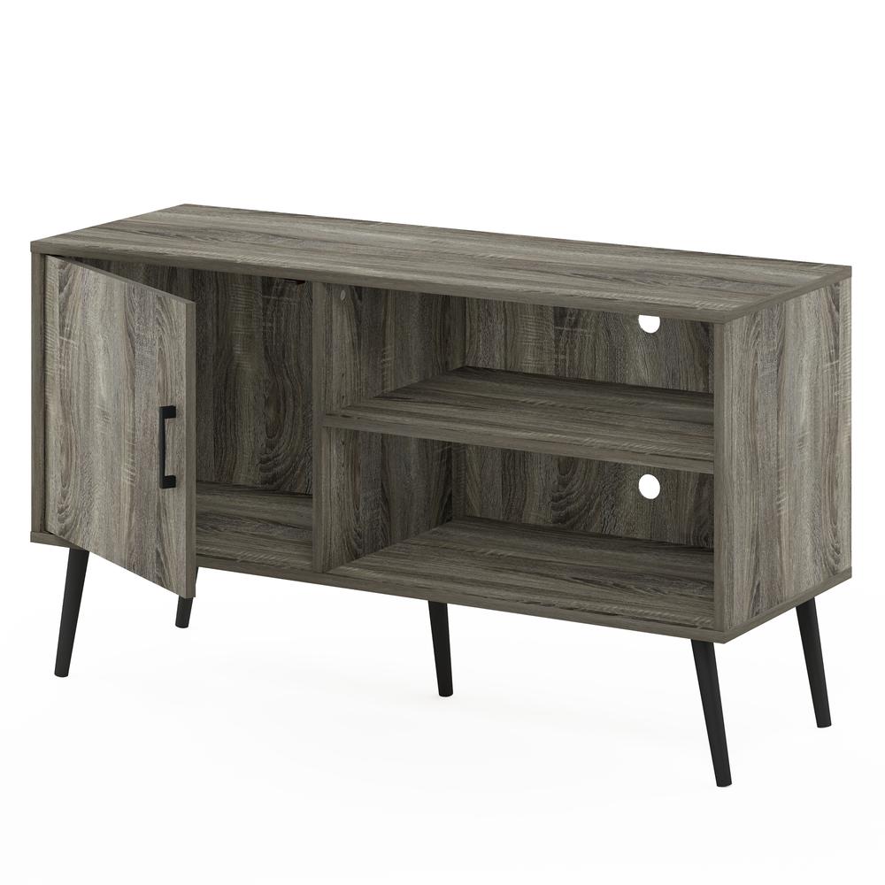 Furinno Claude Mid Century Style TV Stand with Wood Legs, One Cabinet Two Shelves, French Oak Grey. Picture 4