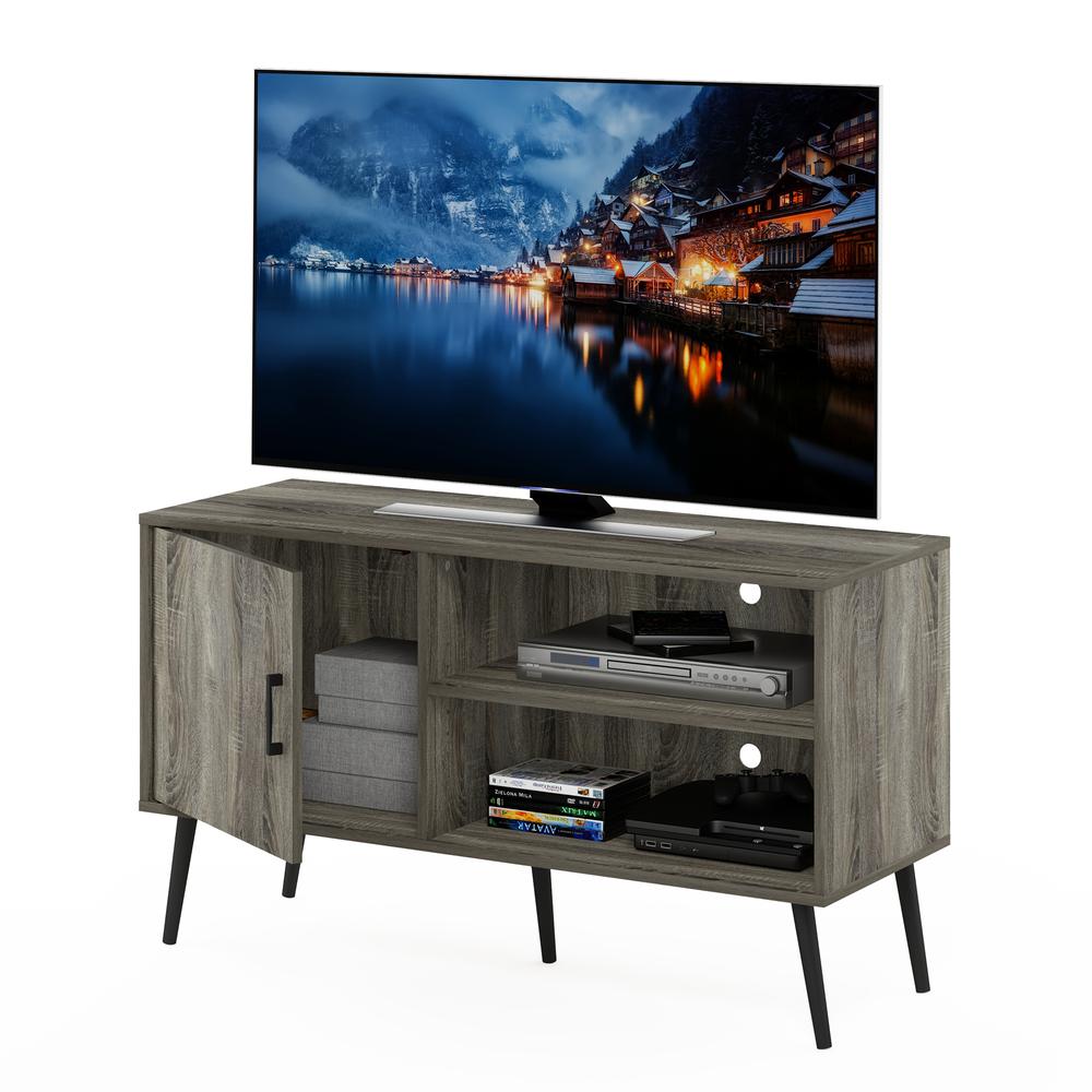 Furinno Claude Mid Century Style TV Stand with Wood Legs, One Cabinet Two Shelves, French Oak Grey. Picture 5