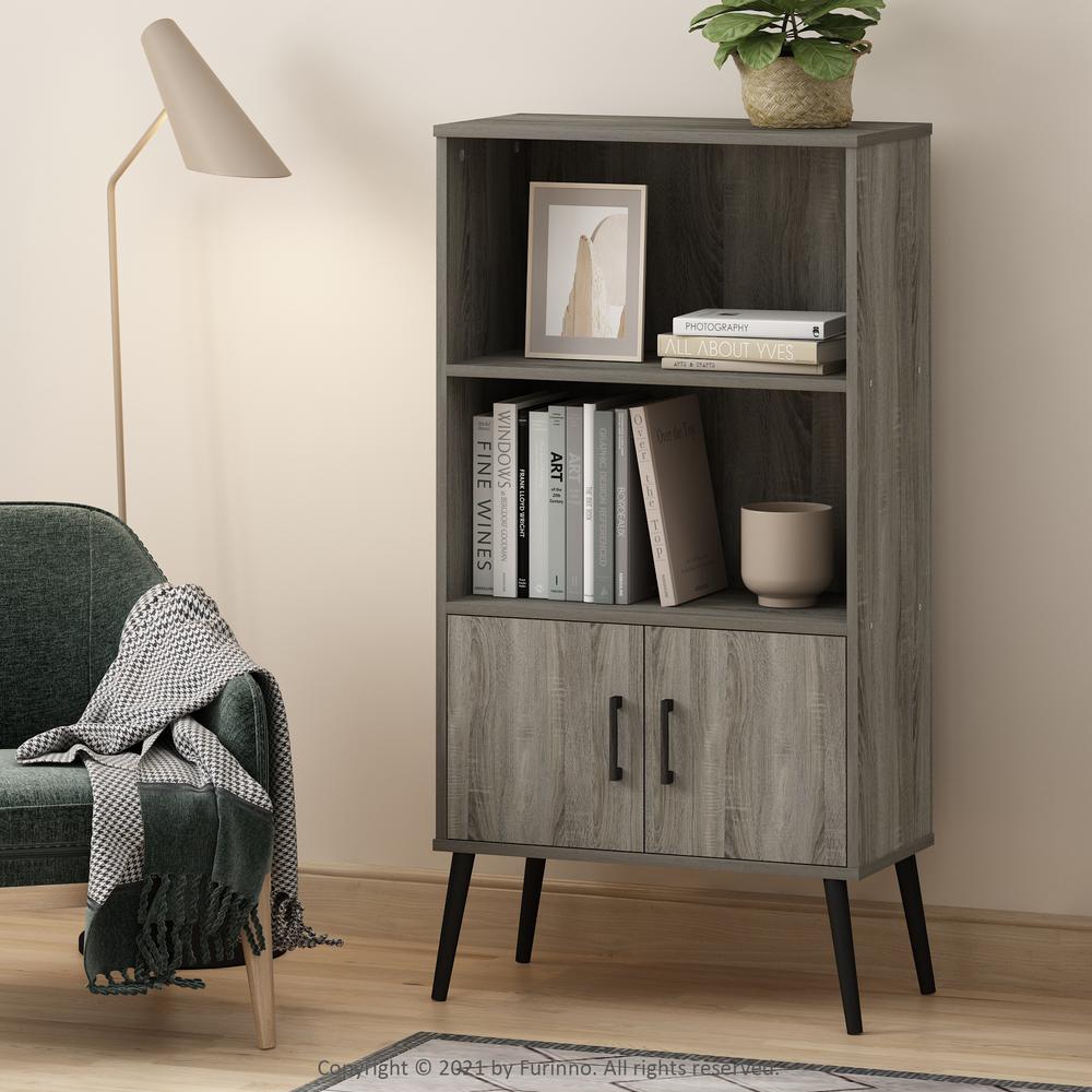Furinno Claude Mid Century Style Accent Cabinet with Wood Legs, French Oak Grey. Picture 6