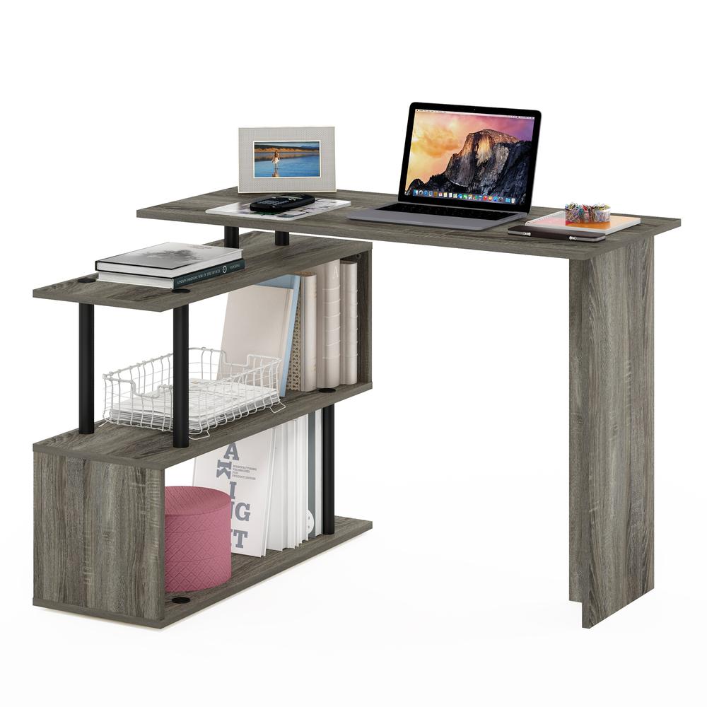 Furinno Moore L-Shape Computer Desk with 3-Tier Shelves, French Oak/Black. Picture 7