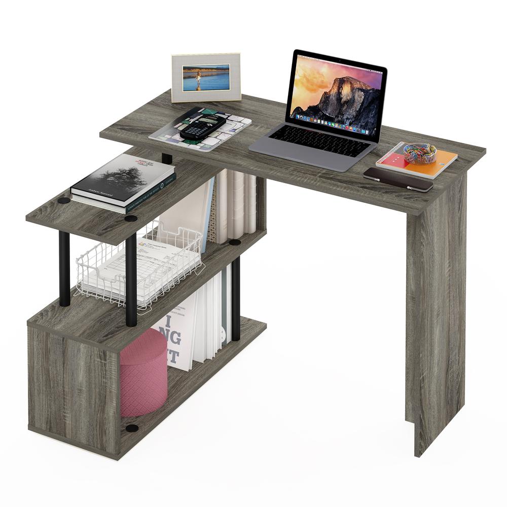 Furinno Moore L-Shape Computer Desk with 3-Tier Shelves, French Oak/Black. Picture 8