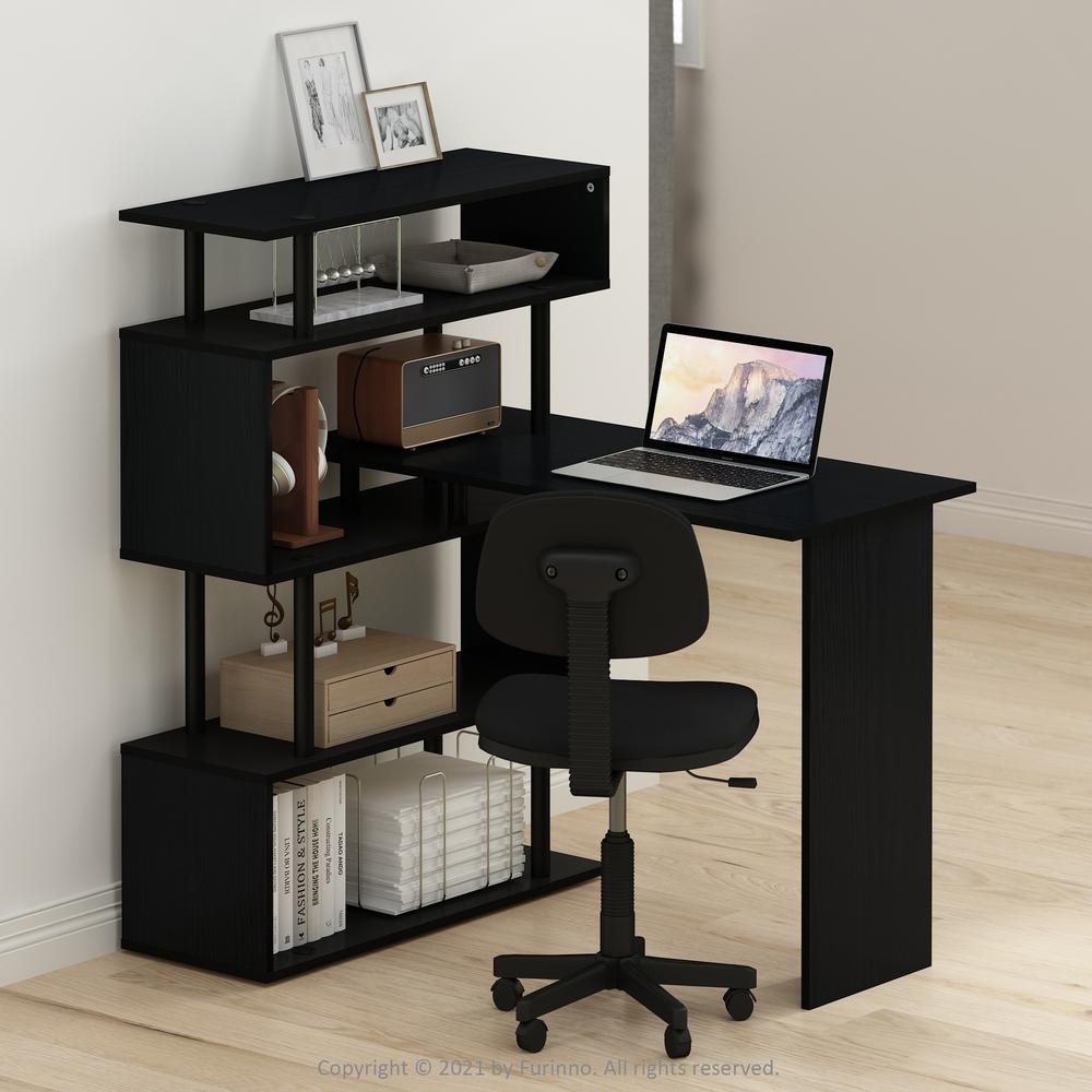 Furinno Moore L-Shape Computer Desk with 5-Tier Shelves, Americano/Black. Picture 9