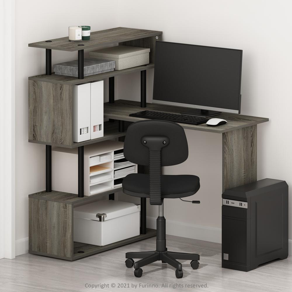 Furinno Moore L-Shape Computer Desk with 5-Tier Shelves, French Oak/Black. Picture 9