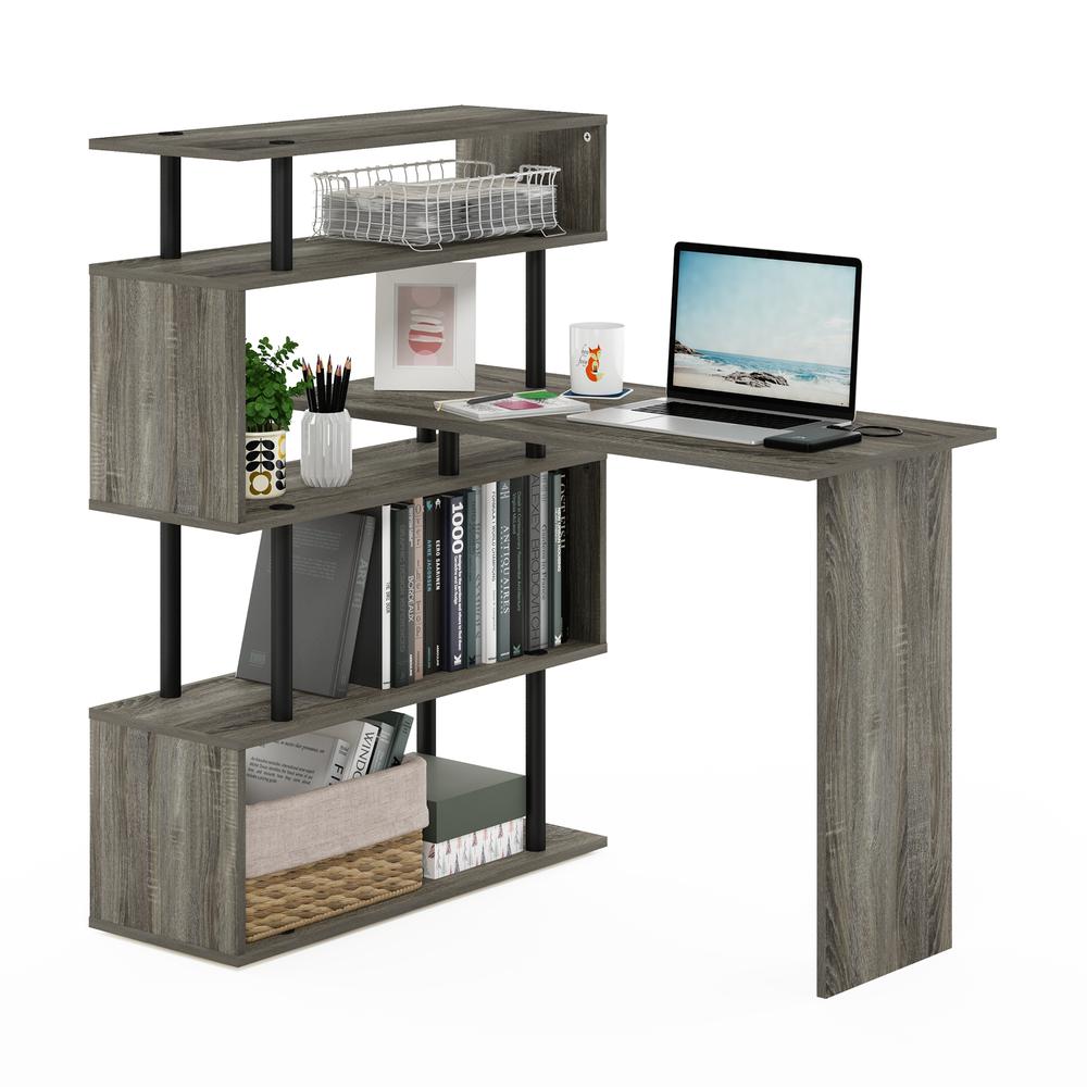 Furinno Moore L-Shape Computer Desk with 5-Tier Shelves, French Oak/Black. Picture 7