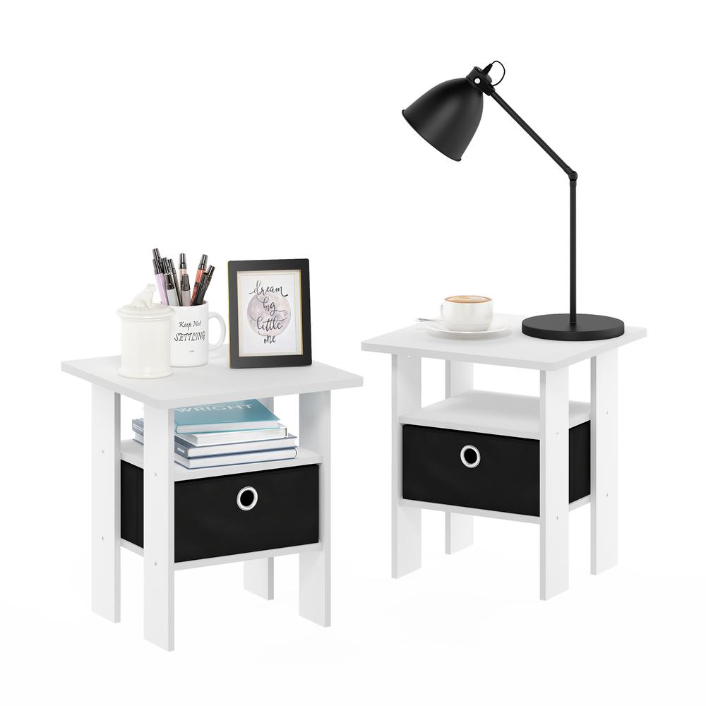 Furinno Andrey End Table Nightstand with Bin Drawer, White/Black, Set of 2. Picture 4