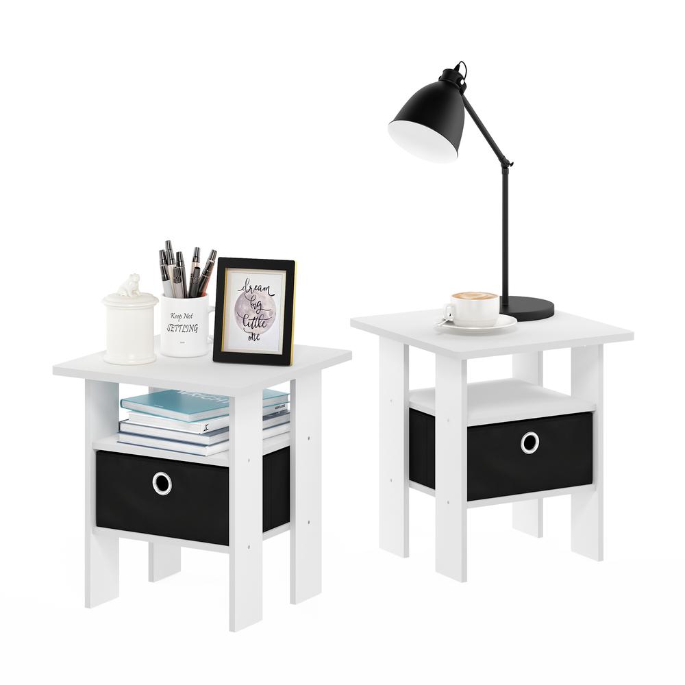 Furinno Andrey End Table Nightstand with Bin Drawer, White/Black, Set of 2. Picture 5