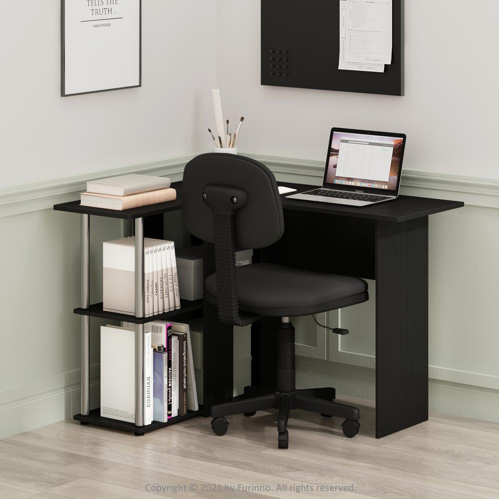 Furinno Abbott L-Shape Desk with Bookshelf, Americano, Stainless Steel Tubes. Picture 6