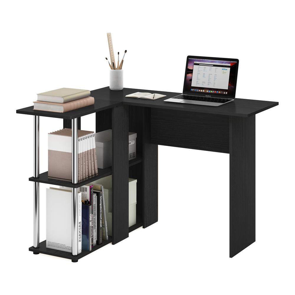 Furinno Abbott L-Shape Desk with Bookshelf, Americano, Stainless Steel Tubes. Picture 4