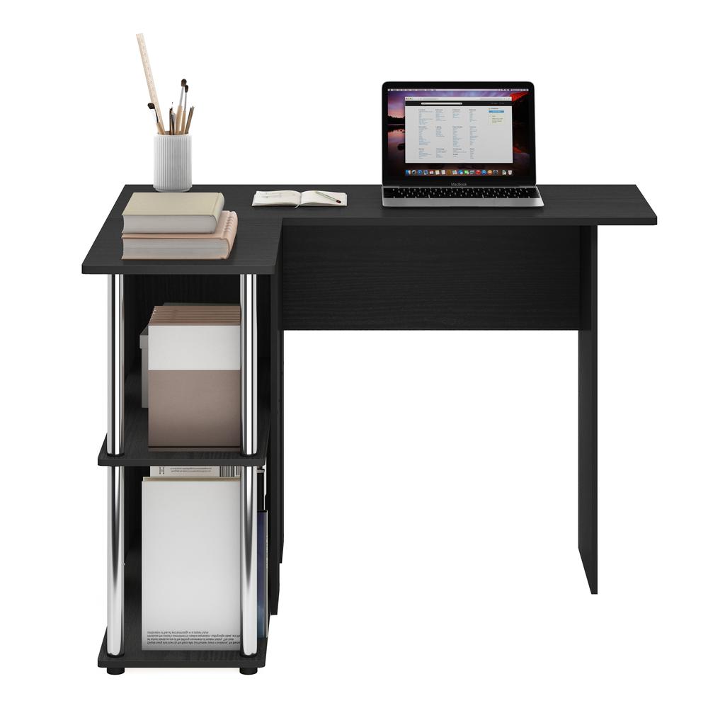 Furinno Abbott L-Shape Desk with Bookshelf, Americano, Stainless Steel Tubes. Picture 5