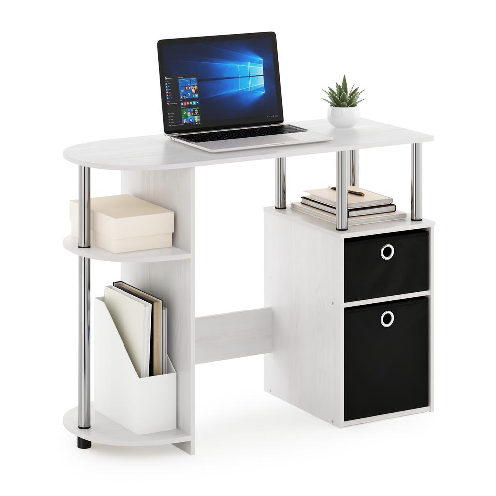 Furinno JAYA Simplistic Computer Study Desk with Bin Drawers, White Oak, Stainless Steel Tubes. Picture 4