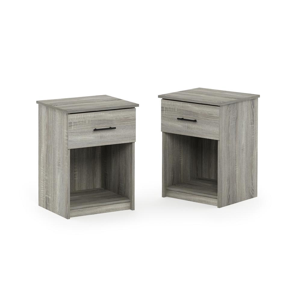 Furinno Tidur Nightstand with Handle with One Drawer, Set of 2, French Oak Grey. Picture 1