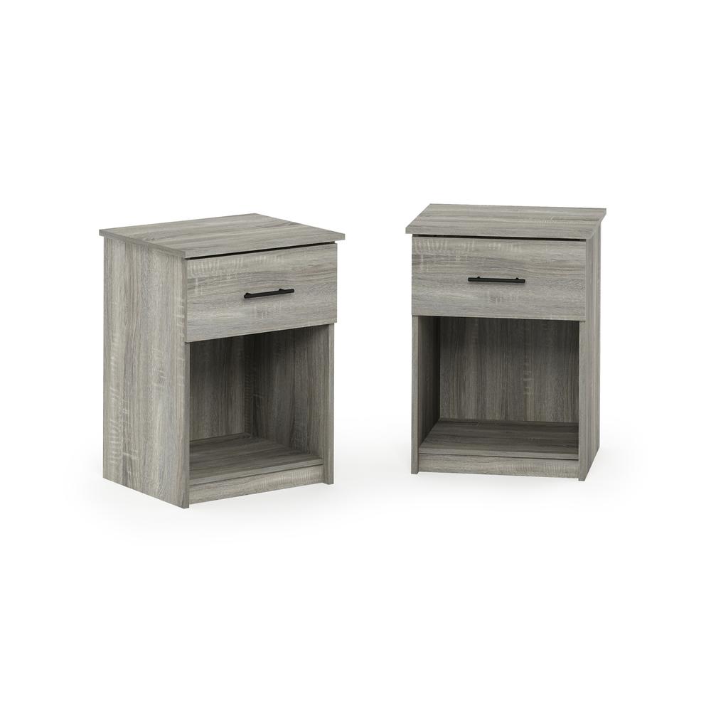 Furinno Tidur Nightstand with Handle with One Drawer, Set of 2, French Oak Grey. Picture 3