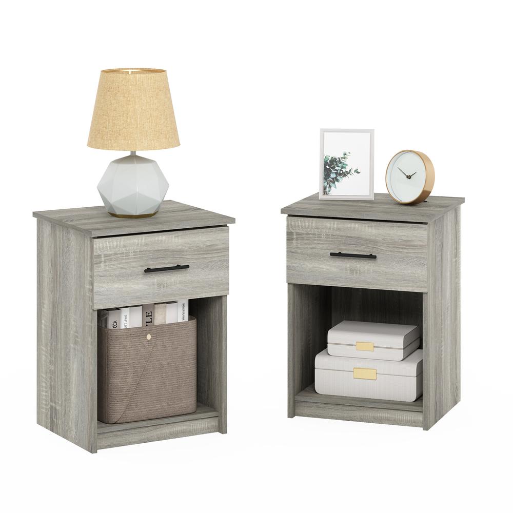 Furinno Tidur Nightstand with Handle with One Drawer, Set of 2, French Oak Grey. Picture 4