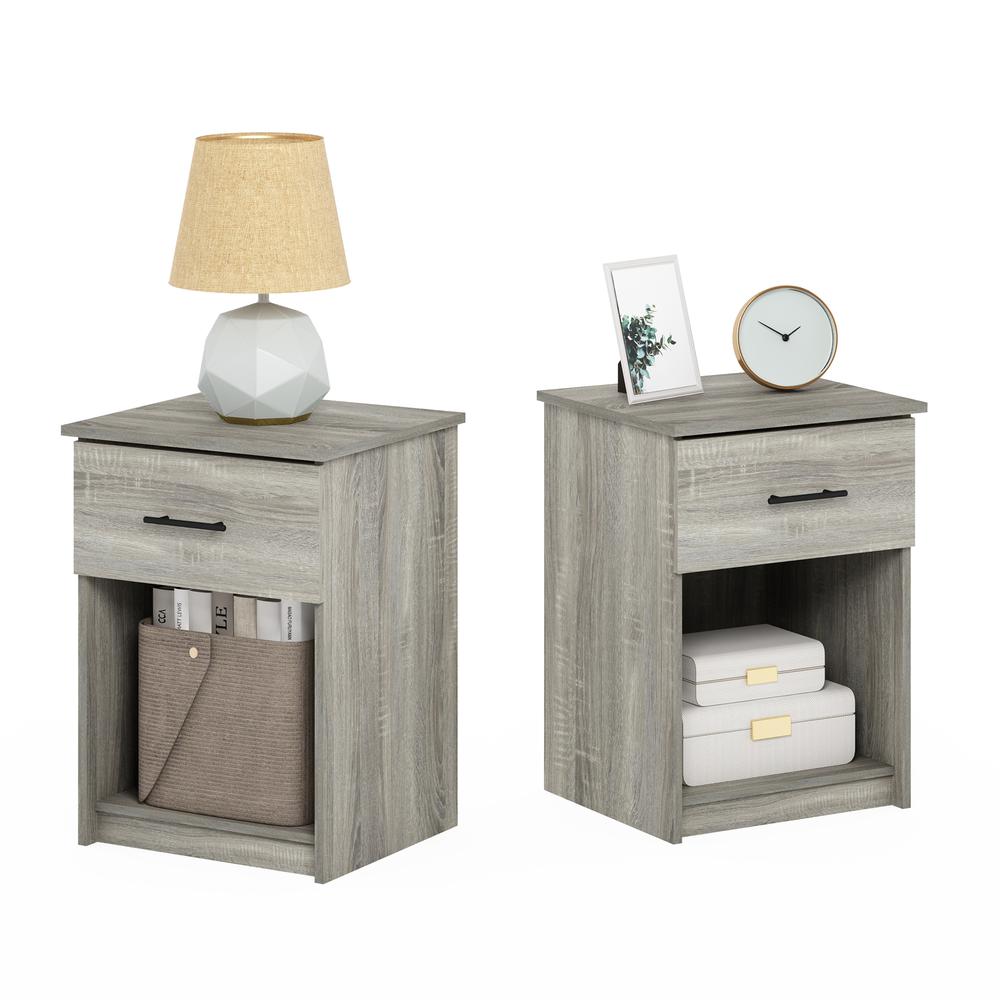 Furinno Tidur Nightstand with Handle with One Drawer, Set of 2, French Oak Grey. Picture 5