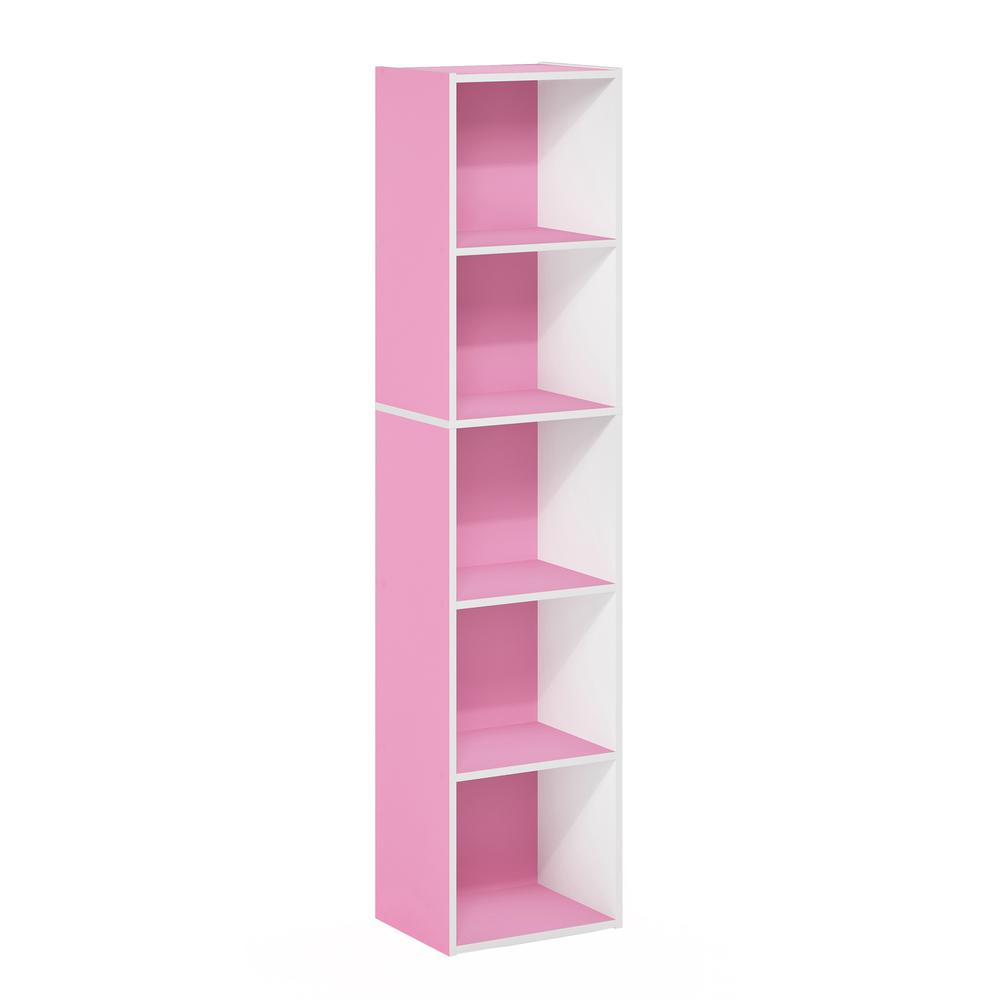 Furinno Pasir 5-Tier Open Shelf Bookcase, Pink/White. Picture 1