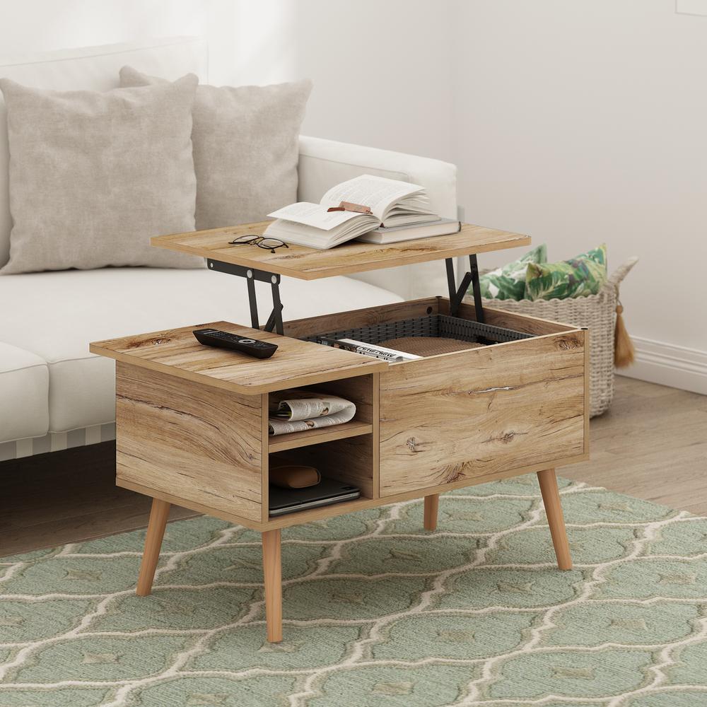 Furinno Jensen Living Room Wooden Leg Lift Top Coffee Table With Hidden Compartment and Side Open Storage Shelf, Flagstaff Oak. Picture 8
