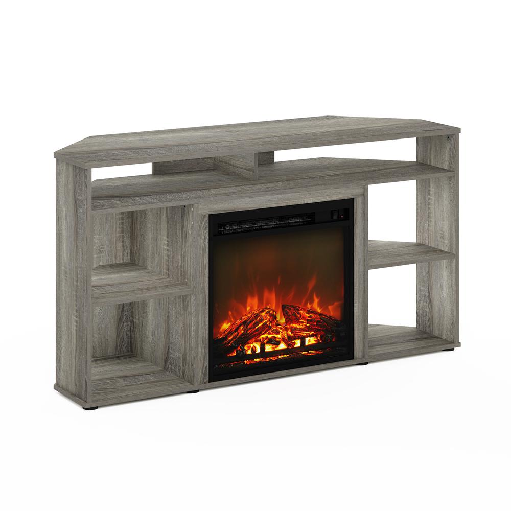 Furinno Jensen Corner TV Stand with Fireplace for TV up to 55 Inches, French Oak Grey. Picture 1