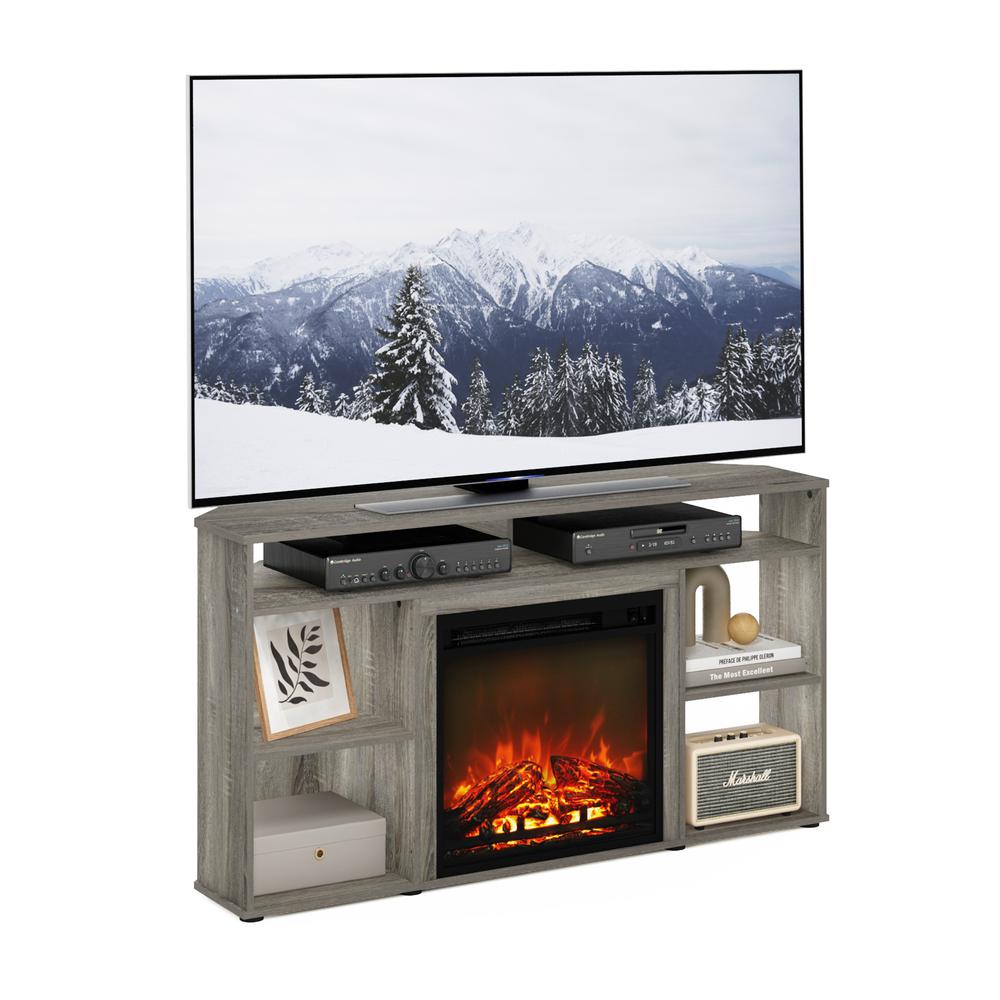 Furinno Jensen Corner TV Stand with Fireplace for TV up to 55 Inches, French Oak Grey. Picture 5