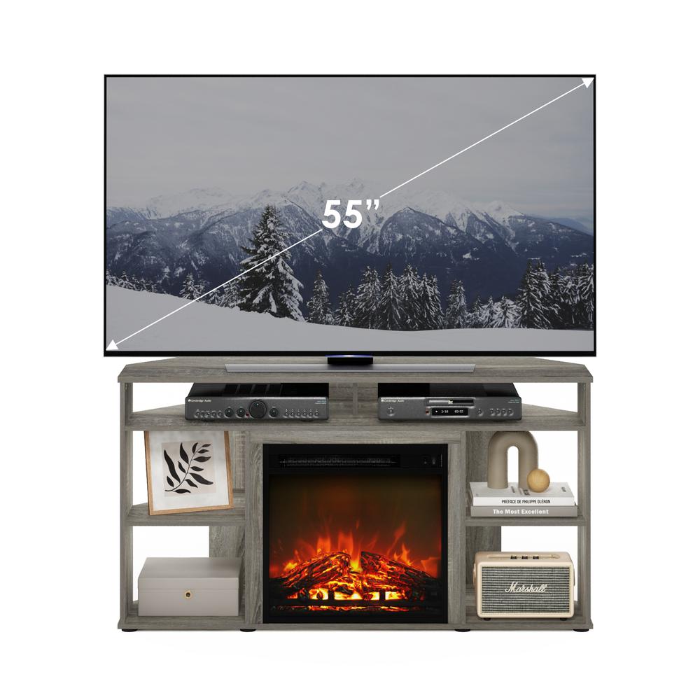 Furinno Jensen Corner TV Stand with Fireplace for TV up to 55 Inches, French Oak Grey. Picture 6