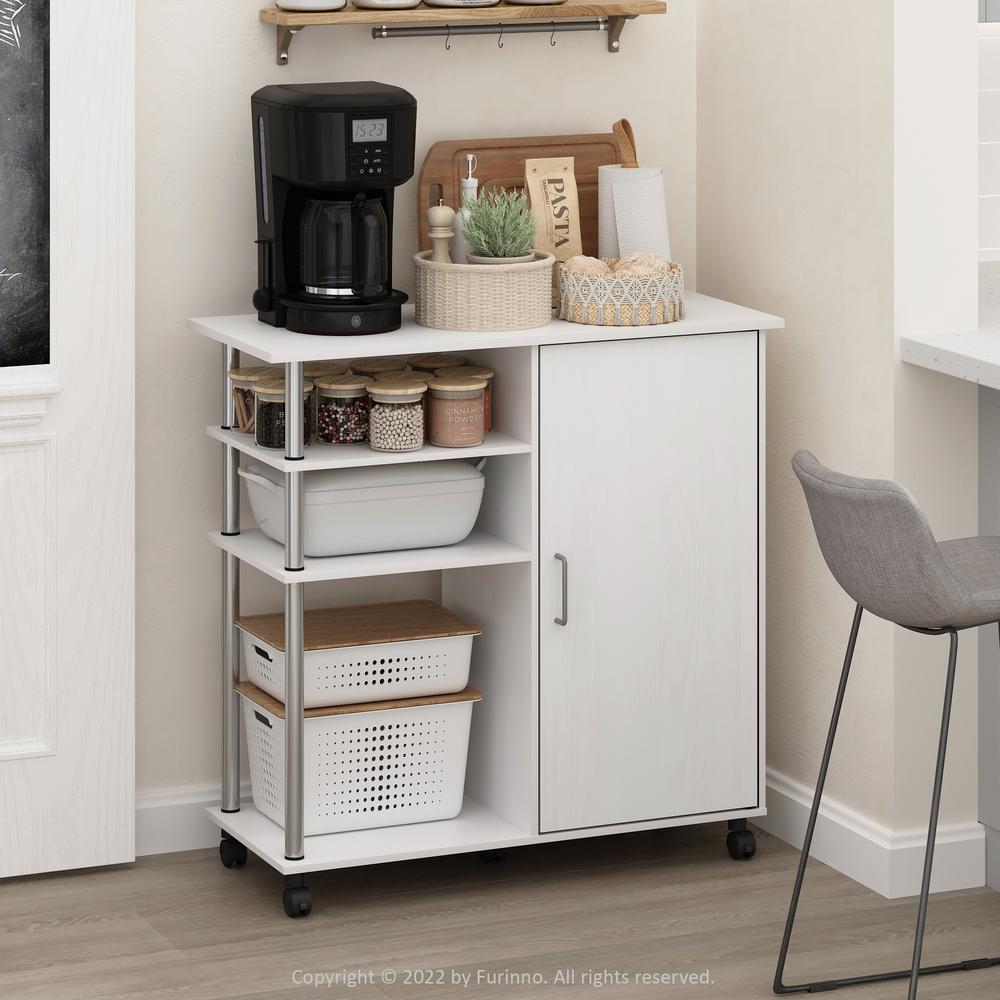 Furinno Helena 4-Tier Utility Kitchen Island and Storage Cart on wheels with Stainless Steel Tubes, White Oak/Chrome. Picture 7
