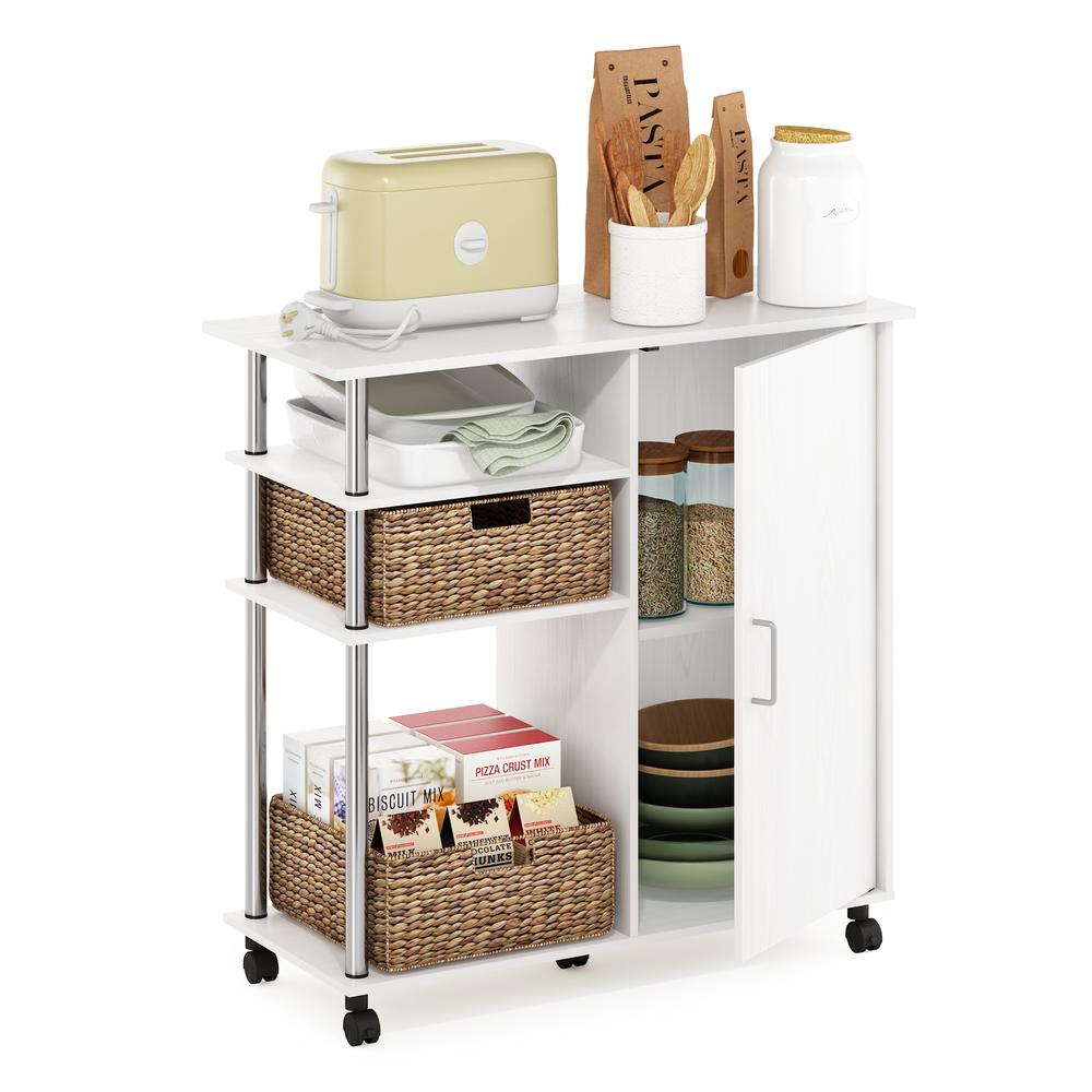 Furinno Helena 4-Tier Utility Kitchen Island and Storage Cart on wheels with Stainless Steel Tubes, White Oak/Chrome. Picture 5