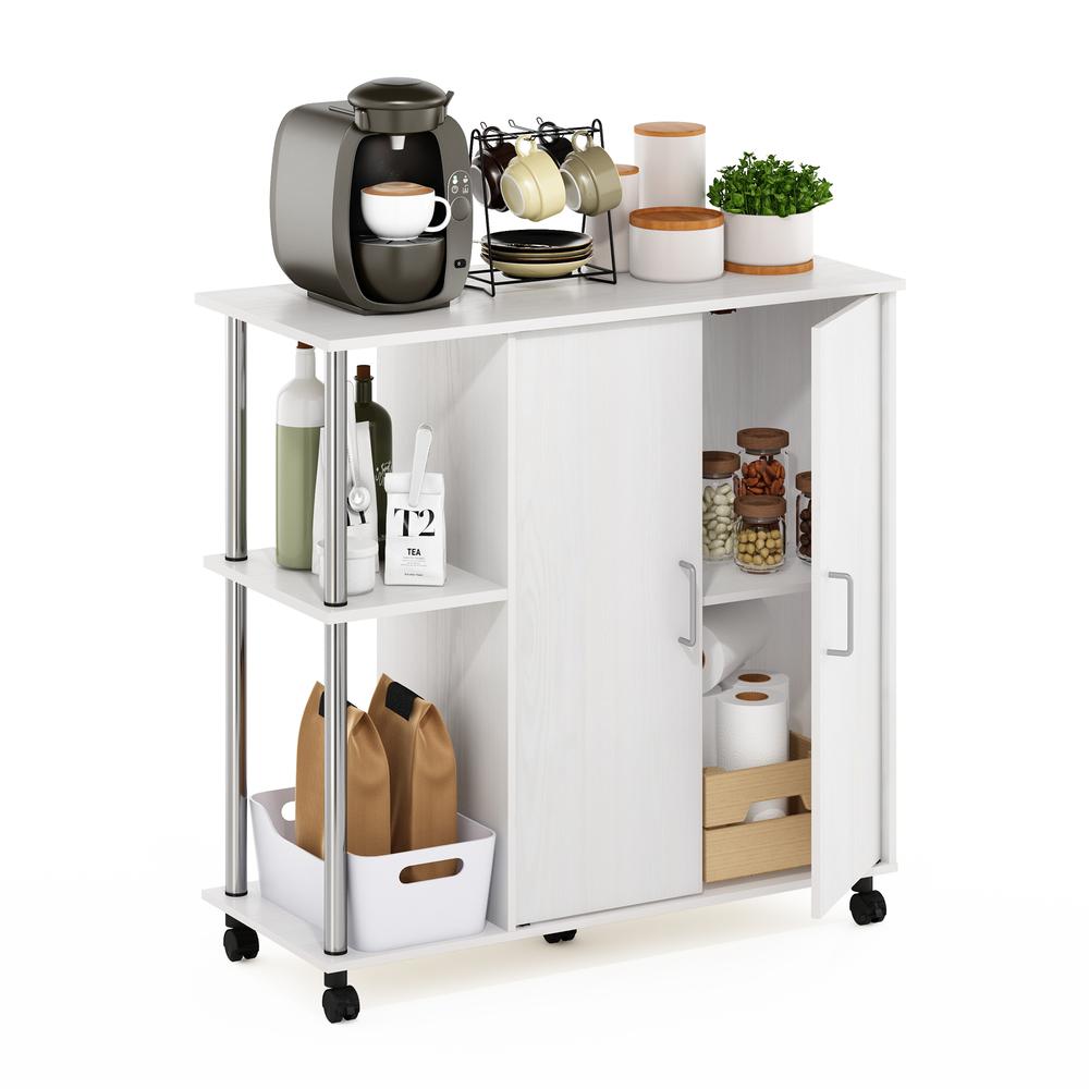 Furinno Helena 3-Tier Utility Kitchen Island and Storage Cart on wheels with Stainless Steel Tubes, White Oak/Chrome. Picture 6