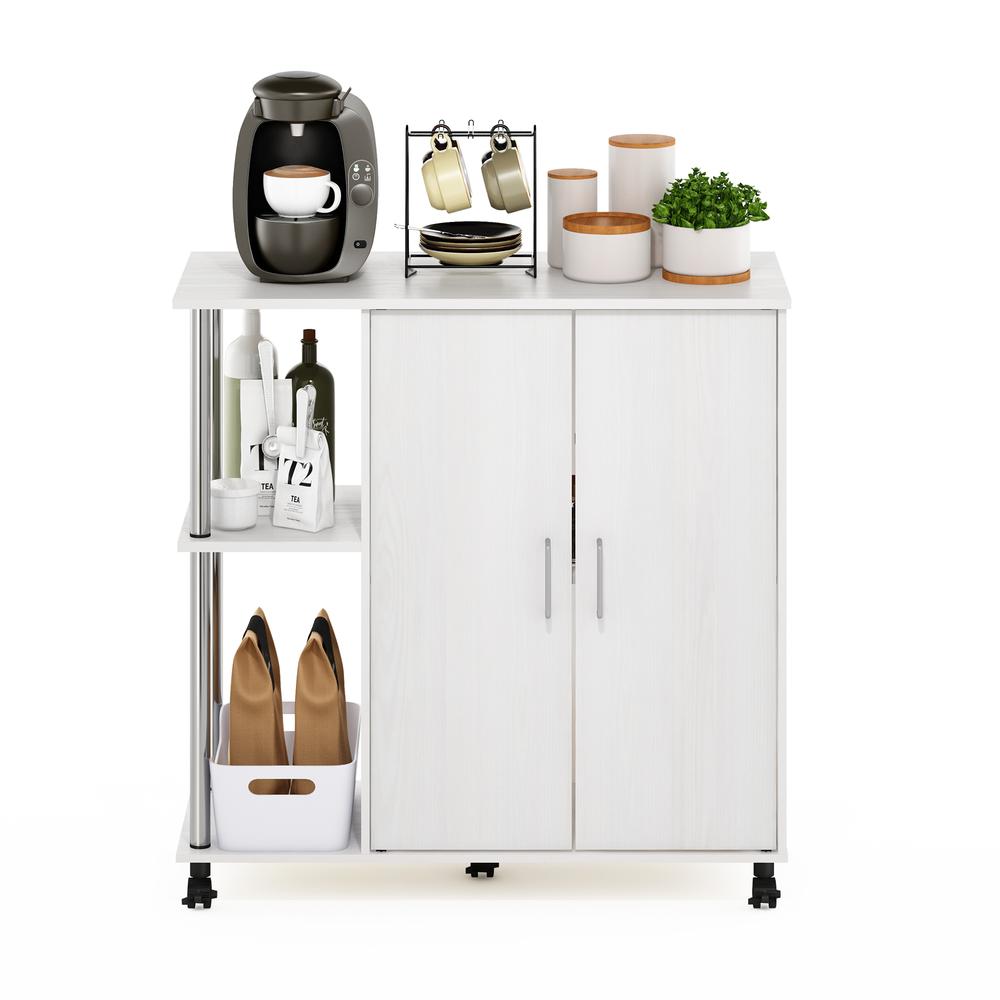 Furinno Helena 3-Tier Utility Kitchen Island and Storage Cart on wheels with Stainless Steel Tubes, White Oak/Chrome. Picture 7