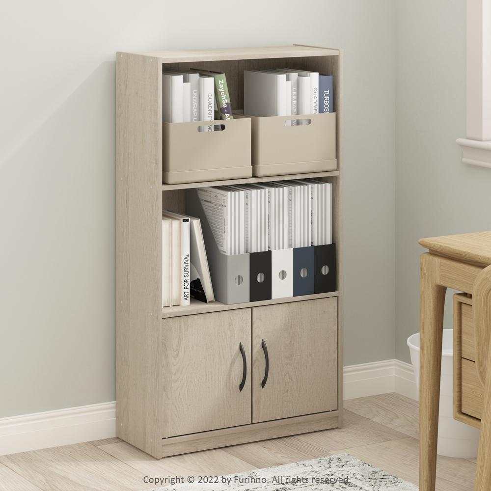 Furinno Gruen 3-Tier Open Shelf Bookcase with 2 Doors Storage Cabinet, Metropolitan Pine. Picture 7