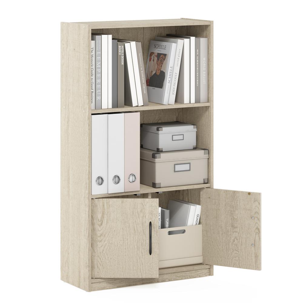 Furinno Gruen 3-Tier Open Shelf Bookcase with 2 Doors Storage Cabinet, Metropolitan Pine. Picture 5