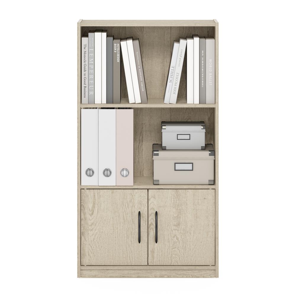Furinno Gruen 3-Tier Open Shelf Bookcase with 2 Doors Storage Cabinet, Metropolitan Pine. Picture 6