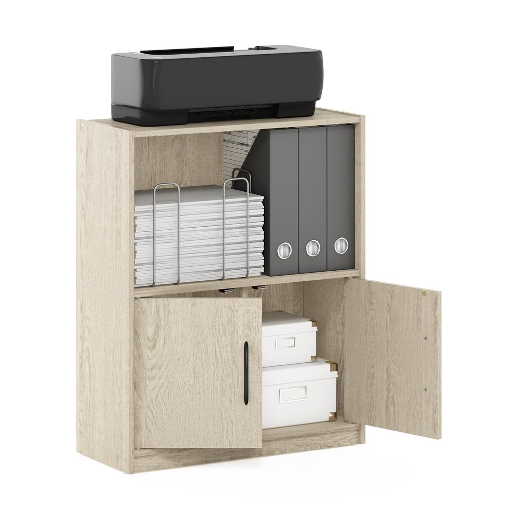 Furinno Gruen 2-Tier Open Shelf Bookcase with 2 Doors Storage Cabinet, Metropolitan Pine. Picture 5