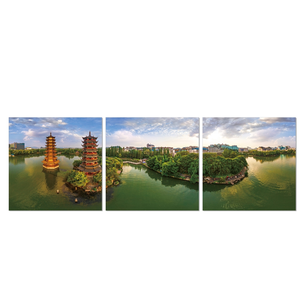 SeniA Sun & Moon Twin Pagodas 3-Panel MDF Framed Photography Triptych Print, 48 x 16-inch. Picture 1