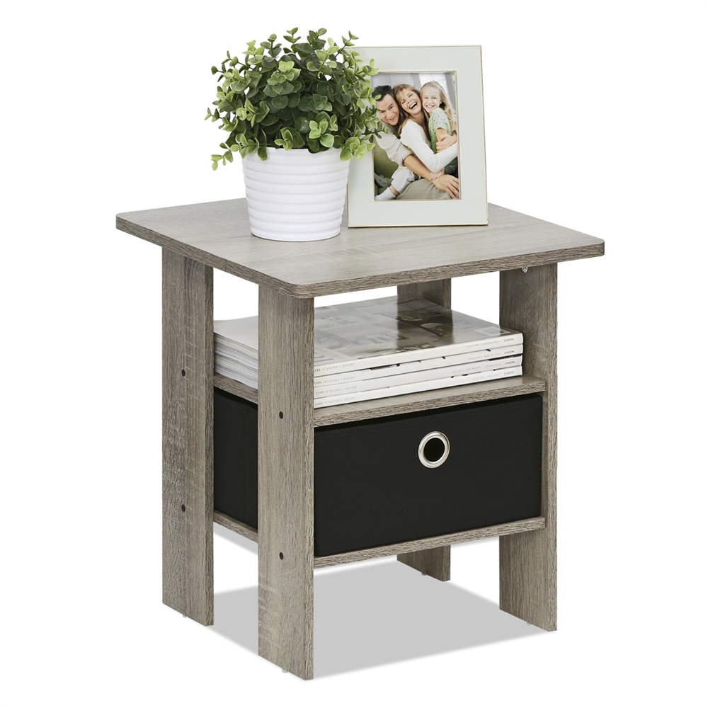 End Table Bedroom Night Stand w/Bin Drawer, French Oak Grey/Black. Picture 3