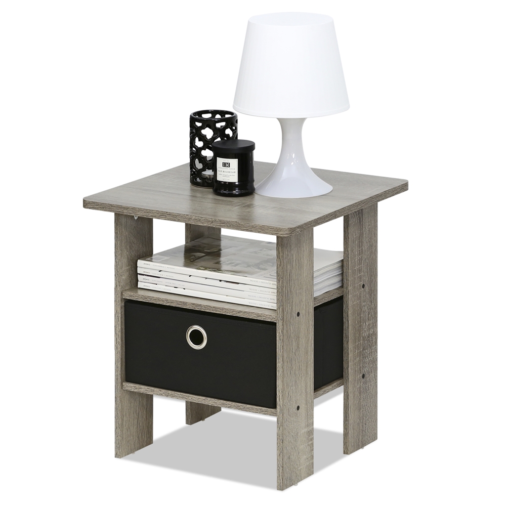 End Table Bedroom Night Stand w/Bin Drawer, French Oak Grey/Black. Picture 4