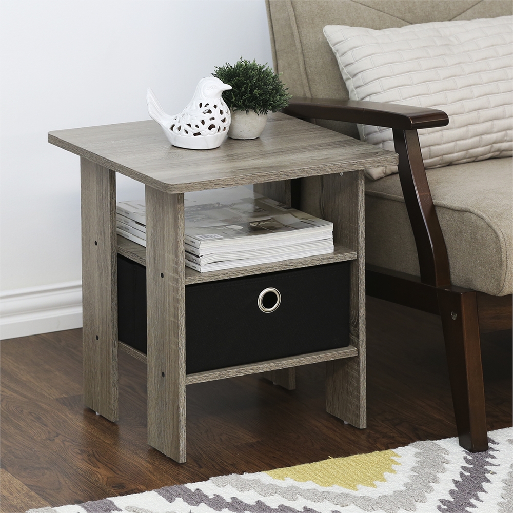 End Table Bedroom Night Stand w/Bin Drawer, French Oak Grey/Black. Picture 5