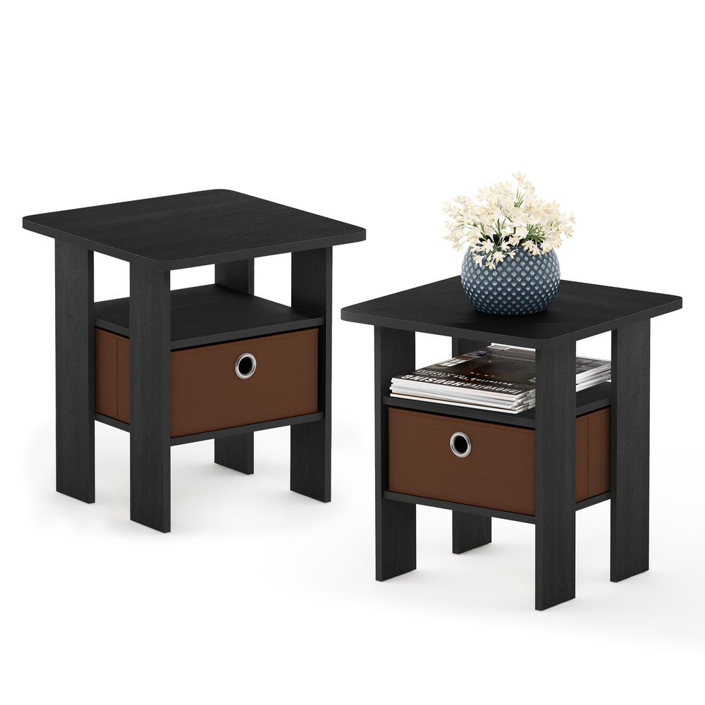 Furinno Andrey End Table Nightstand with Bin Drawer, Americano/Medium Brown, Set of 2. Picture 3