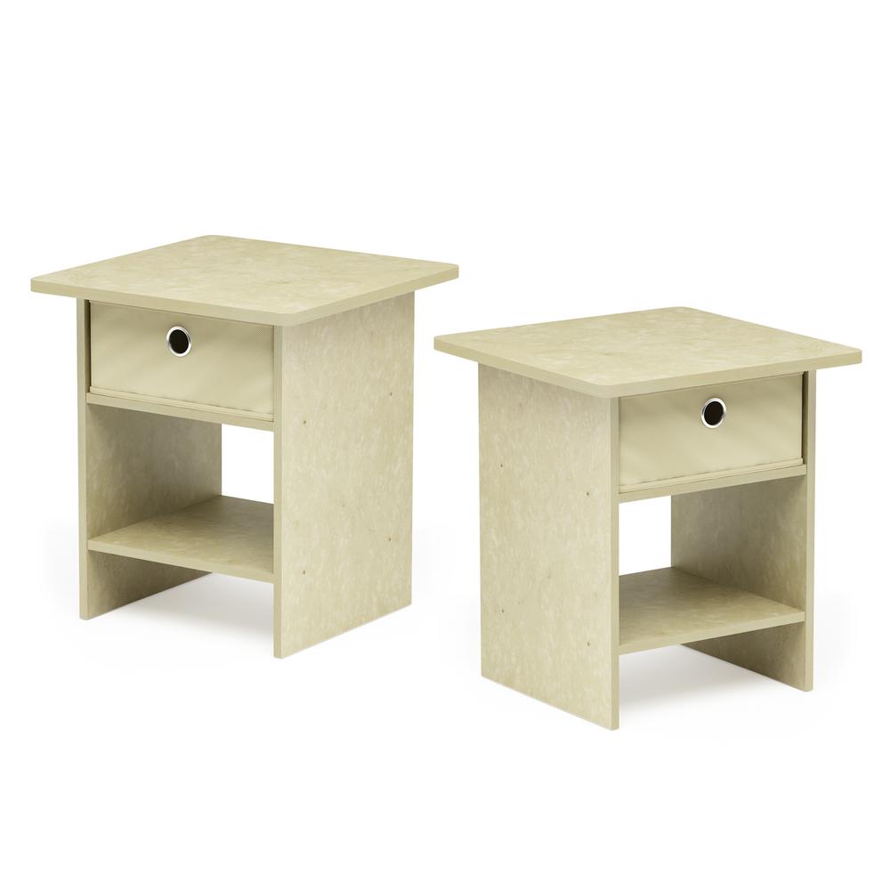 Furinno End Table/ Night Stand Storage Shelf with Bin Drawer, Cream Faux Marble/Ivory, Set of 2. Picture 1