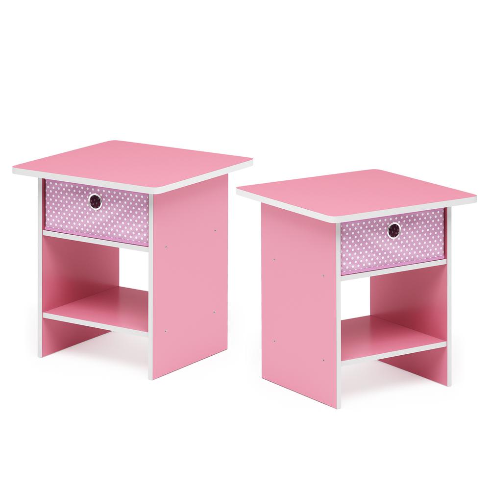 Furinno End Table/ Night Stand Storage Shelf with Bin Drawer, Pink/Light Pink, Set of 2. Picture 1