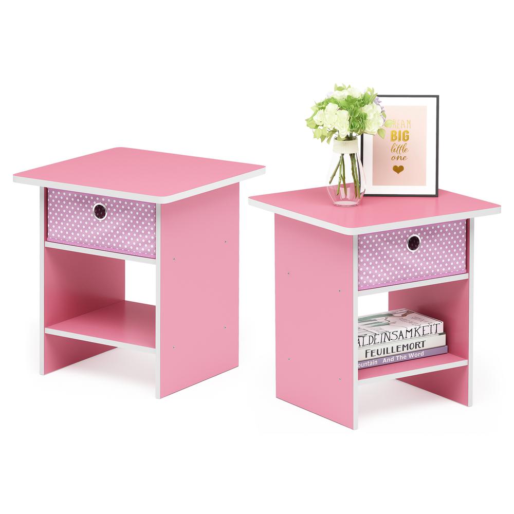 Furinno End Table/ Night Stand Storage Shelf with Bin Drawer, Pink/Light Pink, Set of 2. Picture 3