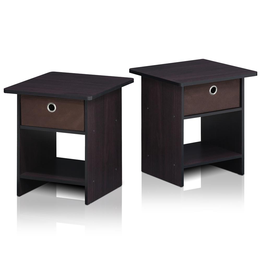 Furinno 2-10004DWN End Table/ Night Stand Storage Shelf with Bin Drawer, Dark Walnut, Set of two. Picture 1