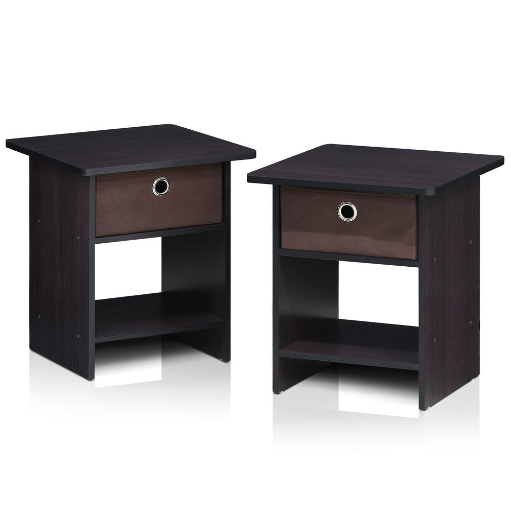 Furinno 2-10004DWN End Table/ Night Stand Storage Shelf with Bin Drawer, Dark Walnut, Set of two. Picture 3