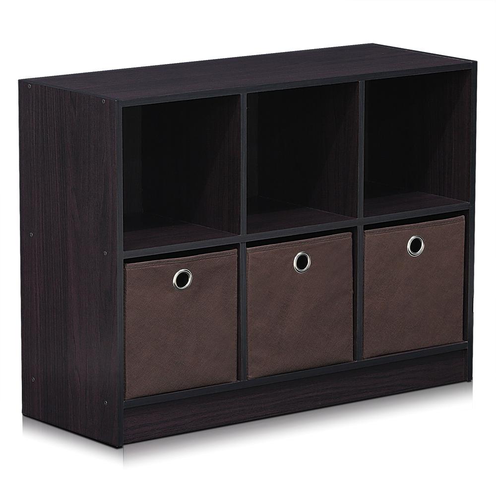 Furinno 99940DWN Basic 3x2 Bookcase Storage w/Bins, Dark Walnut. Picture 1