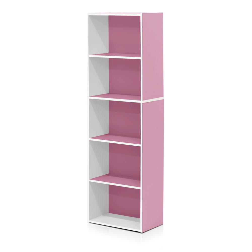 Furinno Luder 5-Tier Reversible Color Open Shelf Bookcase, White/Pink. Picture 1