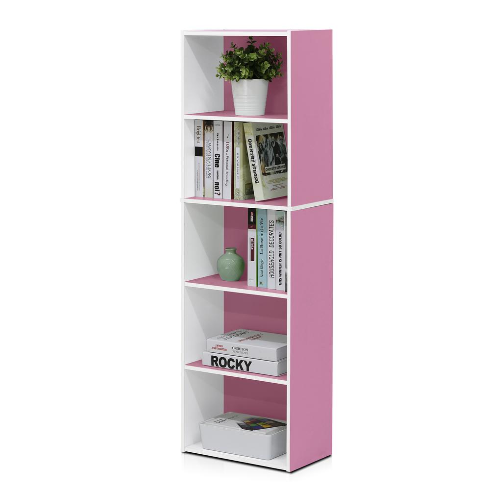 Furinno Luder 5-Tier Reversible Color Open Shelf Bookcase, White/Pink. Picture 4
