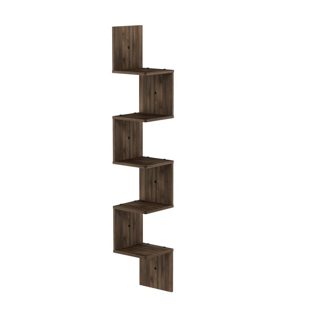 5 Tier Wall Mount Floating Corner Square Shelf, Columbia Walnut. Picture 1