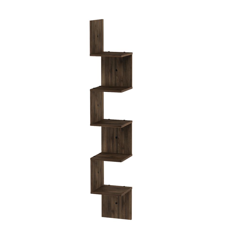 5 Tier Wall Mount Floating Corner Square Shelf, Columbia Walnut. Picture 3
