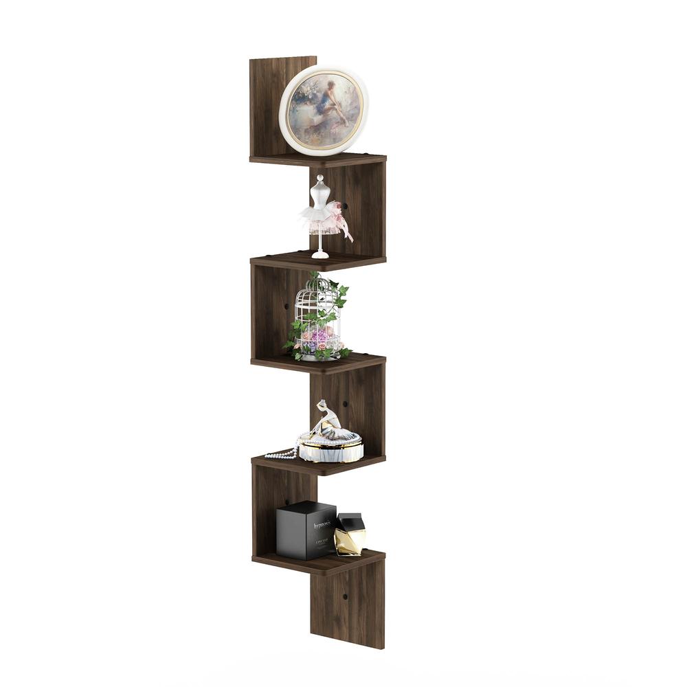 5 Tier Wall Mount Floating Corner Square Shelf, Columbia Walnut. Picture 5