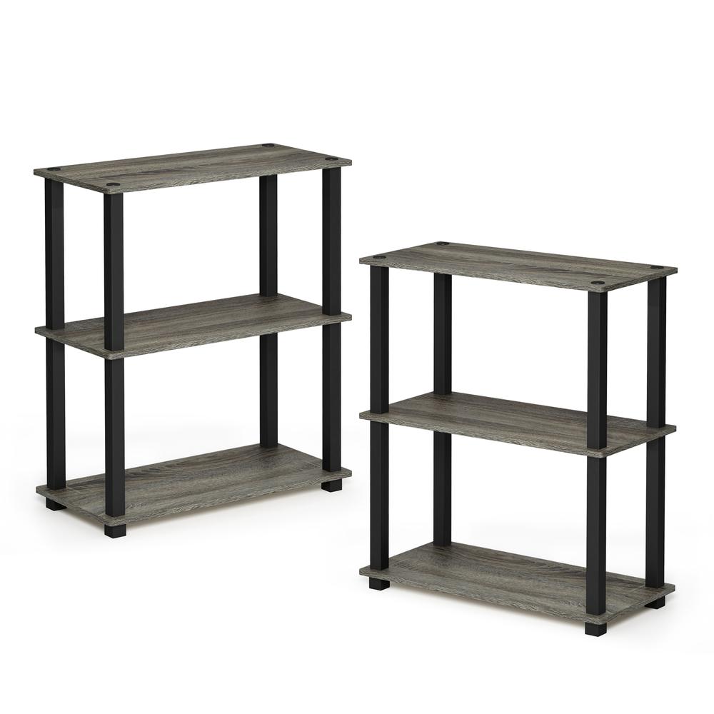 Furinno Turn-S-Tube 3-Tier Compact Multipurpose Shelf Display Rack with Square Tube, French Oak Grey/Black, Set of 2. Picture 1