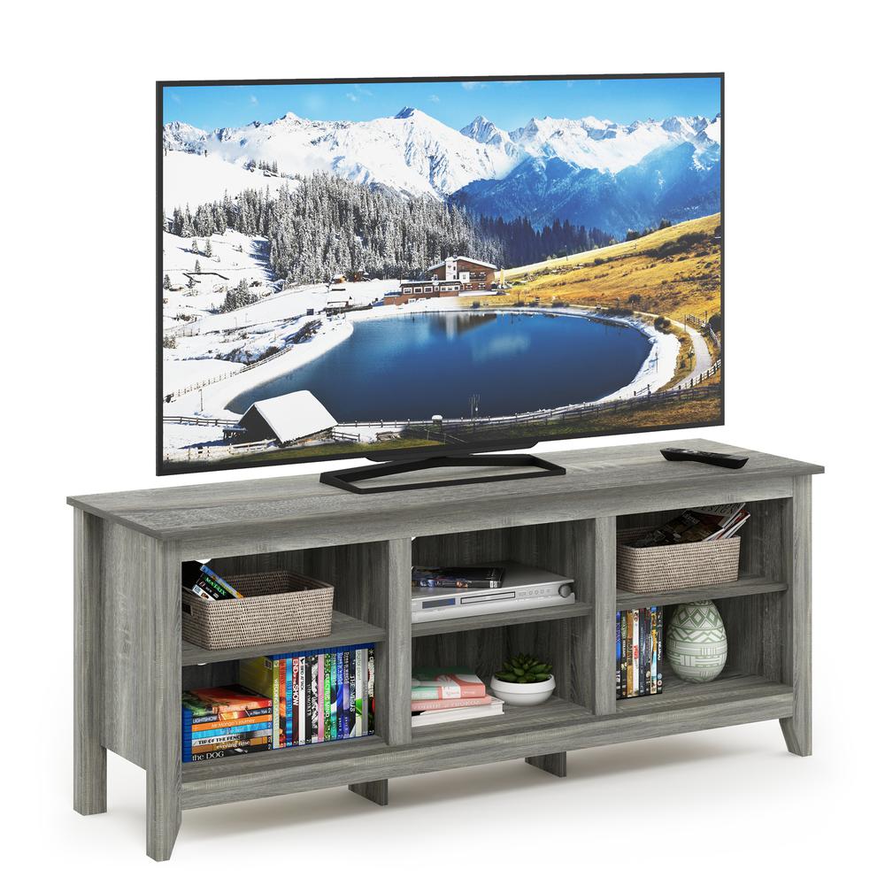 Furinno Jensen TV Stand with Shelves, for TV up to 60 Inch, French Oak Grey. Picture 4