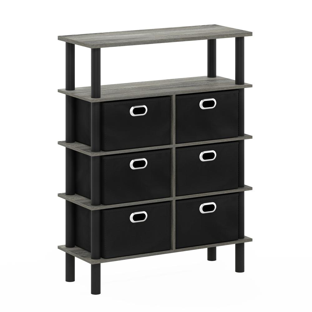 Furinno Frans Turn-N-Tube Console Table with Bin Drawers, French Oak Grey/Black/Black. Picture 1
